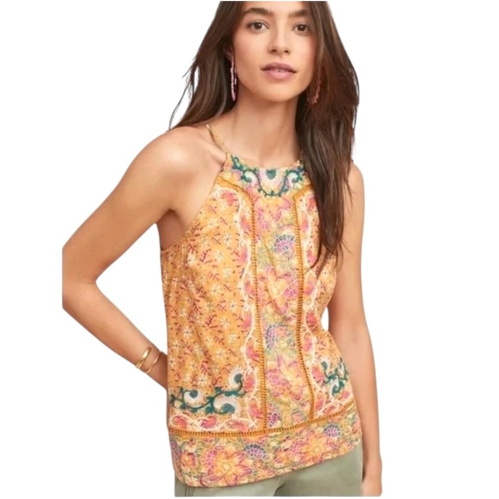 Anthropologie Akemi + Kin‎ Shirt Women 0 Yellow Embroidered Floral Top Bohemian